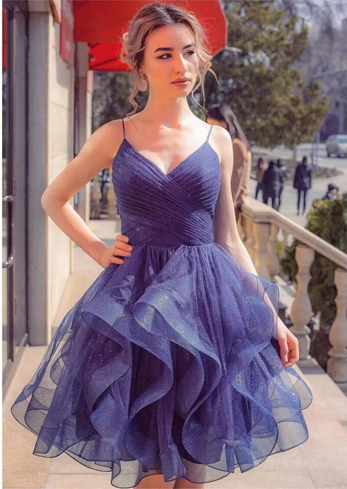 YOFF Glitter Tulle Tiered Short Homecoming Dresses for Juniors 2025 Ruffle A-Line Spaghetti Straps Prom Cocktail Dress YO067 – Bild 4