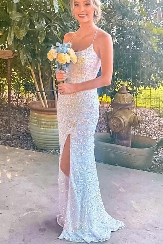 Tvuyet Sparkly Sequin Prom Dresses 2025 for Teens Long Mermaid Square Neck Formal Evening Gown with Slit – Bild 7