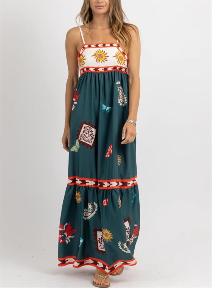 Thopavenoir Boho Floral Print Midi Dress for Women Long Sleeve V Neck Tiered Long Dresses Smocked Beach Bohemian Sundress – Bild 5