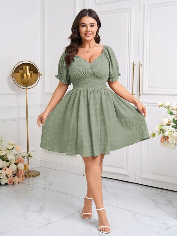 SCOMCHIC Womens Plus Size Summer Dresses Casual Sun Dress Sweetheart V Neck Puff Short Sleeve Smocked A Line Mini Dress – Bild 3