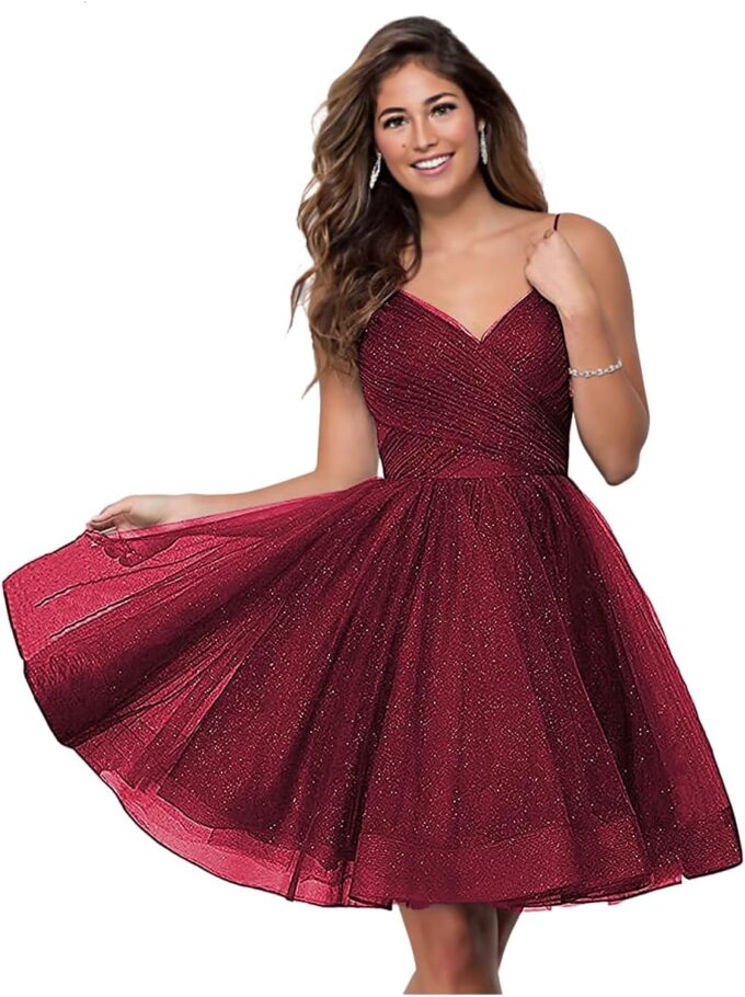 Short V-Neck Tulle Homecoming Dresses Sparkly for Teens Spaghetti Straps Cocktail Dresses WD039