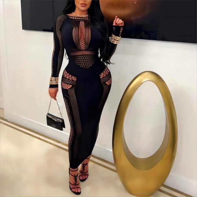 Women's Sexy Hollow Out Long Sleeves See Through Club One Piece Mesh Bodycon Maxi Dress – Bild 2