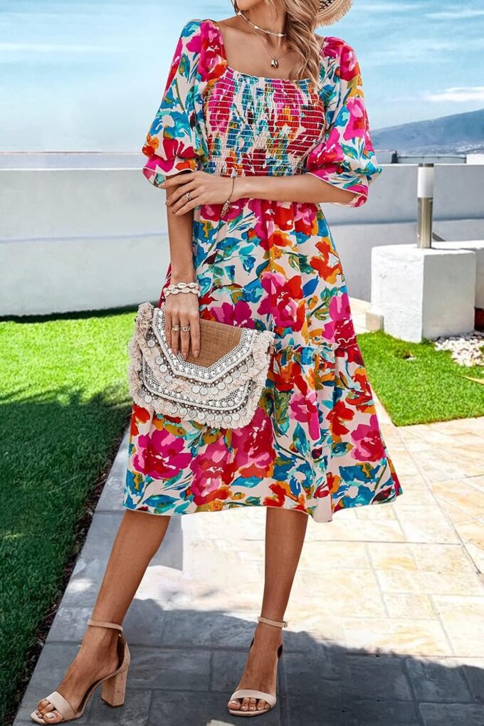 PRETTYGARDEN Women's Summer Casual Dresses 2025 Spring Puff Sleeve Square Neck A-line Flowy Boho Floral Smocked Midi Dress – Bild 6