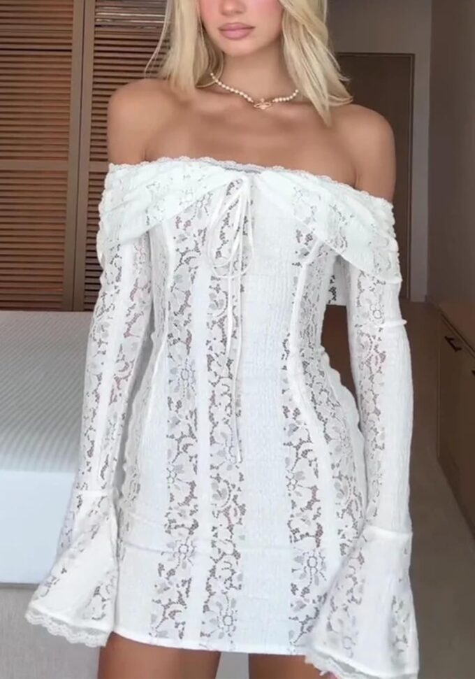 Women Elegant Off Shoulder Lace Bodycon Maxi Dress Bell Sleeve Mesh Sheer Mermaid Wedding Party Dress – Bild 4
