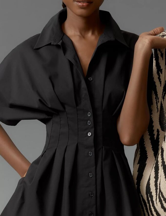 Women Button Down Pleated Shirt Dress Summer Short Sleeve Blouse Striped Print Corset Mini Dresses – Bild 3