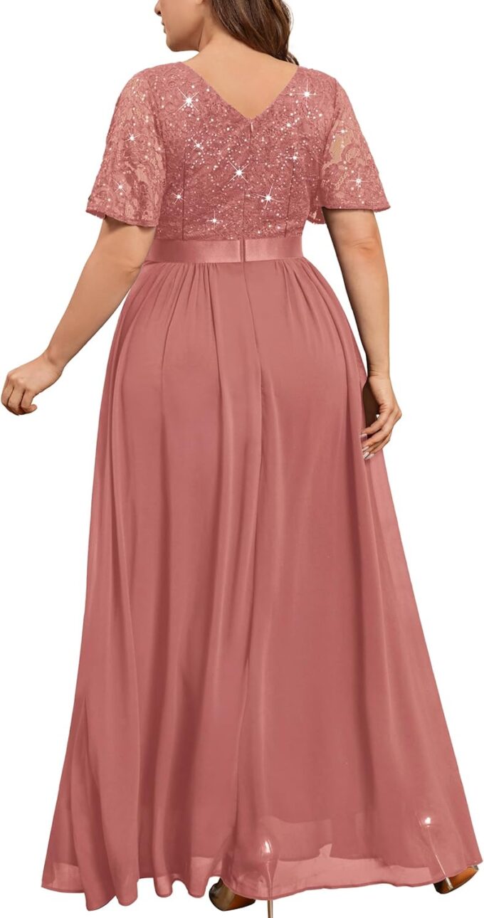 MISSMAY Women's Plus Size Wrap V Neck Sequins Lace Contrast Chiffon Formal Maxi Dress with Rhinestone Ribbon Waist – Bild 2