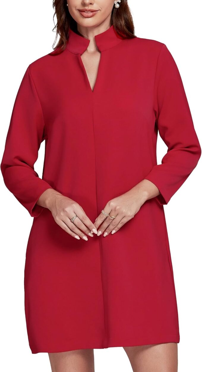 EZAPINE Damen-Minikleid, V-Ausschnitt, 3/4-Ärmel, Retro, elegant, formelle Arbeitskleider mit Taschen