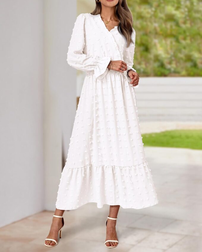 BTFBM Women Fall Maxi Dresses 2025 Long Sleeve V Neck Swiss Dots High Waisted A-Line Ruffle Boho Long Dress Vacation – Bild 5