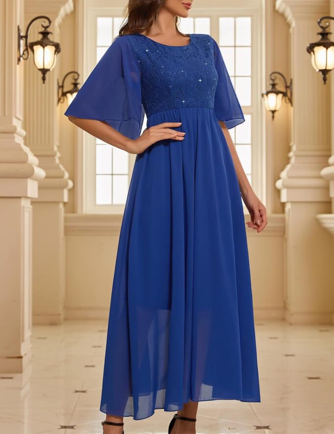 Women's Wedding Guest Long Dress Cocktail Party Formal Cape Ruffle Sleeve Chiffon Lace Sequin Dress – Bild 2