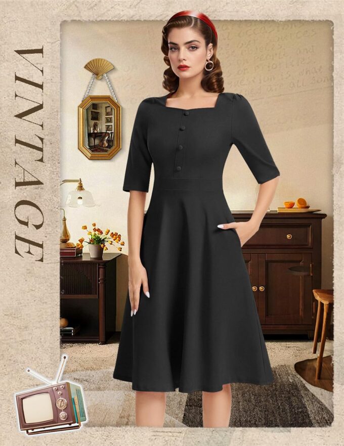 Bbonlinedress Vintage Cocktail Dress Women Formal Wedding Guest Church Modest Square Neck Tea Dress with 3/4 Sleeve – Bild 2