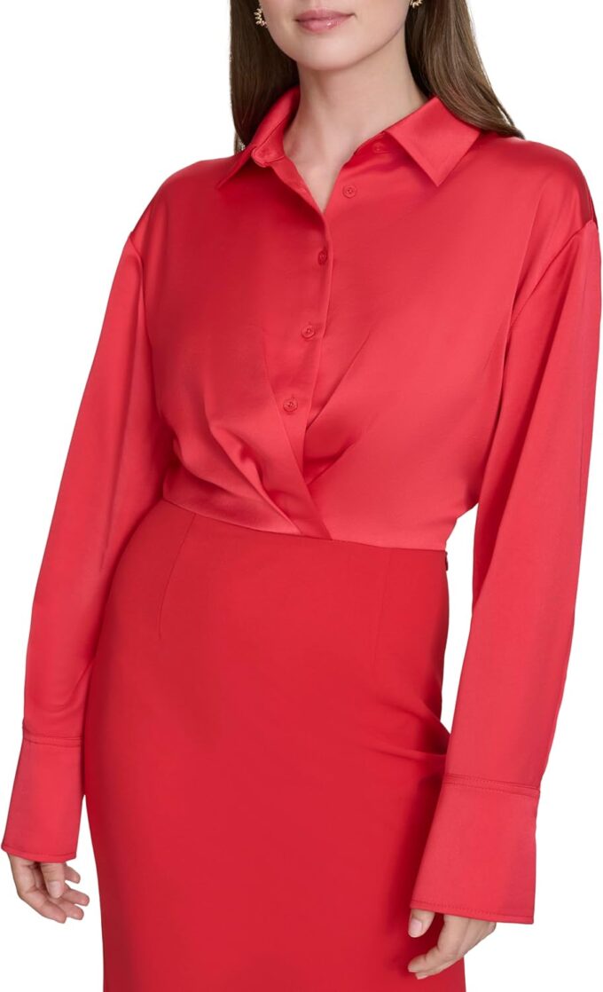 H HALSTON Damen Long Sleeve Collared V-Neck Shirt Dress Kleid – Bild 2
