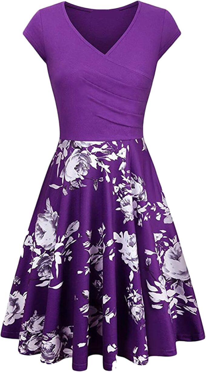 YMING Womens 1950s Vintage Floral Print Wrap Dress A Line Flared Swing Dress Cocktail Party Pleated Dresses