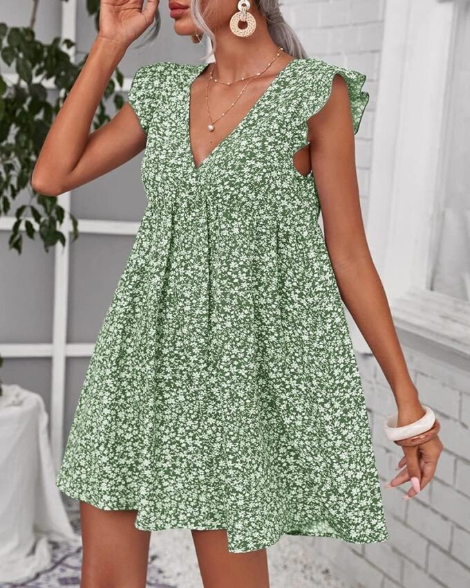 Women Boho Floral Summer Dresses Casual Backless V Neck Mini Dress Ruffle Beach Sundress – Bild 3