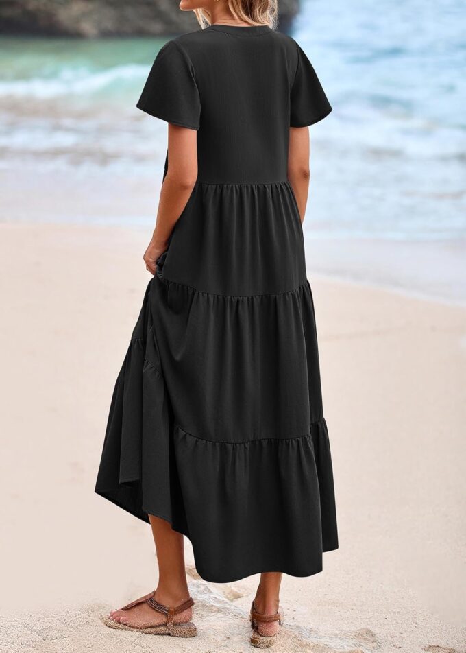 KIRUNDO Summer Maxi Dresses for Women 2025 Spring Fashion Short Sleeve Button V Neck Pleated Loose Tiered Swing Flowy Dress – Bild 2