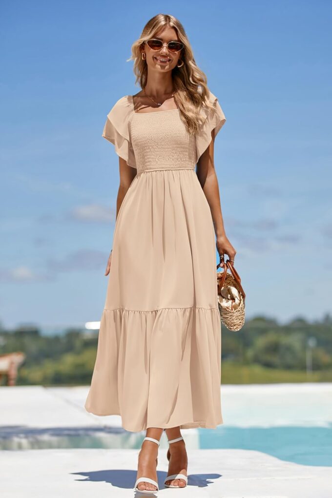MASCOMODA Womens Summer Casual Midi Dress Square Neck Ruffle Short Sleeve Smocked High Waist A Line Wedding Guest Dresses – Bild 4