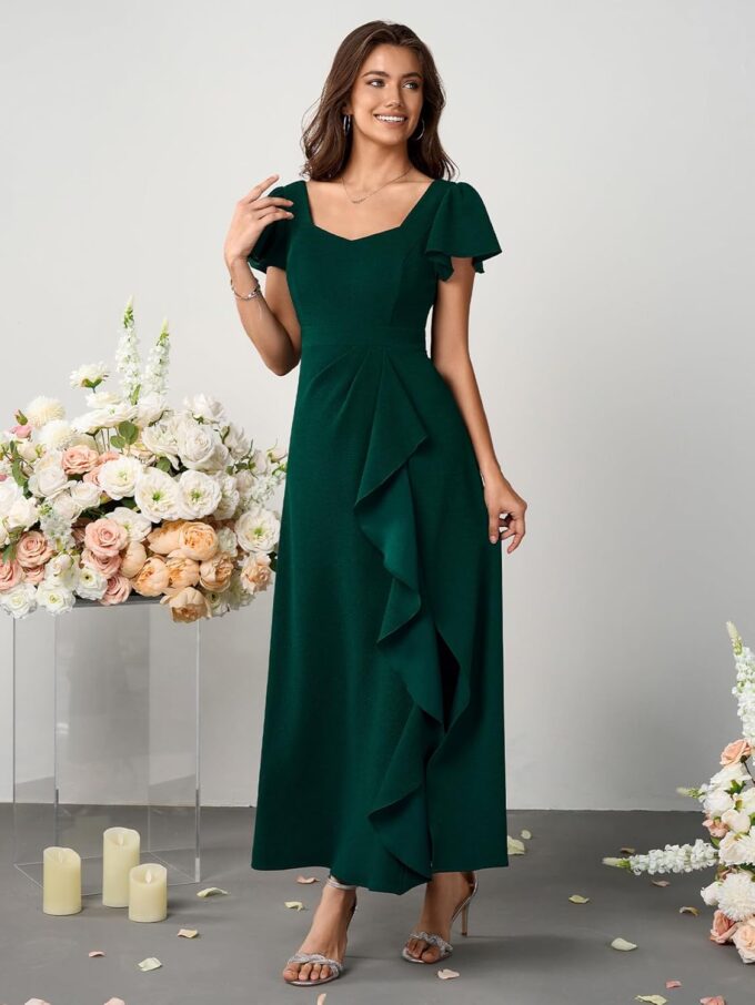 Womens Long Formal Cocktail Dresses Square Neck Split Elegant Evening Party Gowns Ruffle Wedding Guest Dress – Bild 6