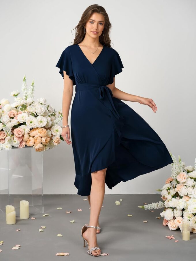 Womens Wedding Guest Midi Dress Flutter Sleeve V Neck Wrap High Low Bridesmaid Cocktail Formal Dresses for Women – Bild 3
