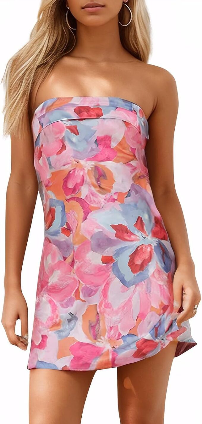 Women's Sexy Tube Dress Summer Y2K Floral Print Strapless Bodycon Mini Dress Date Night Party Club Bandeau Short Dresses – Bild 6