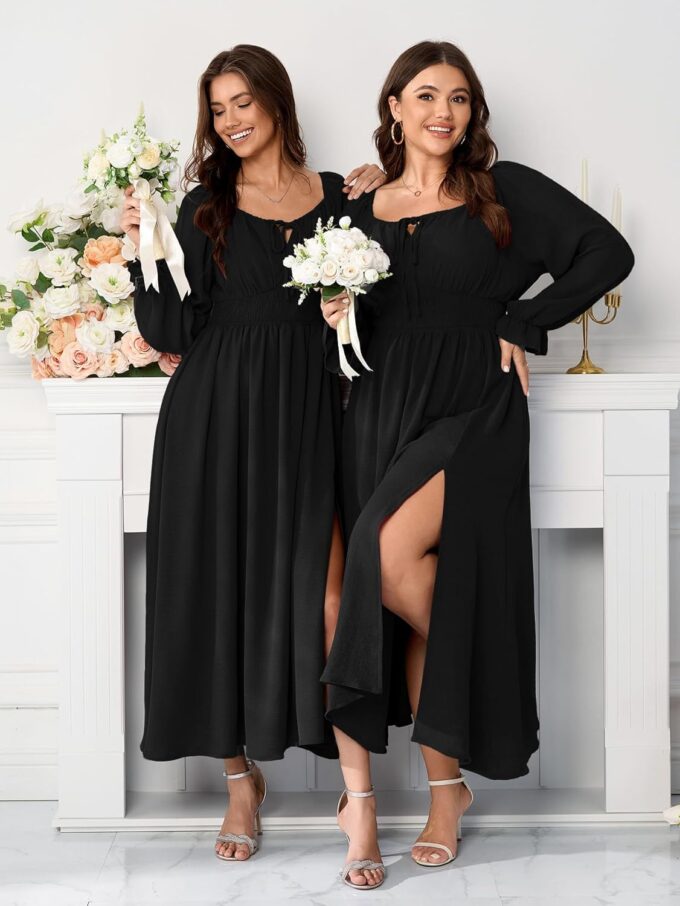 Women's Plus Size Dress Long Sleeve Smocked Dress Square Neck Tie Front Split A-Line Maxi Long Dresses – Bild 6