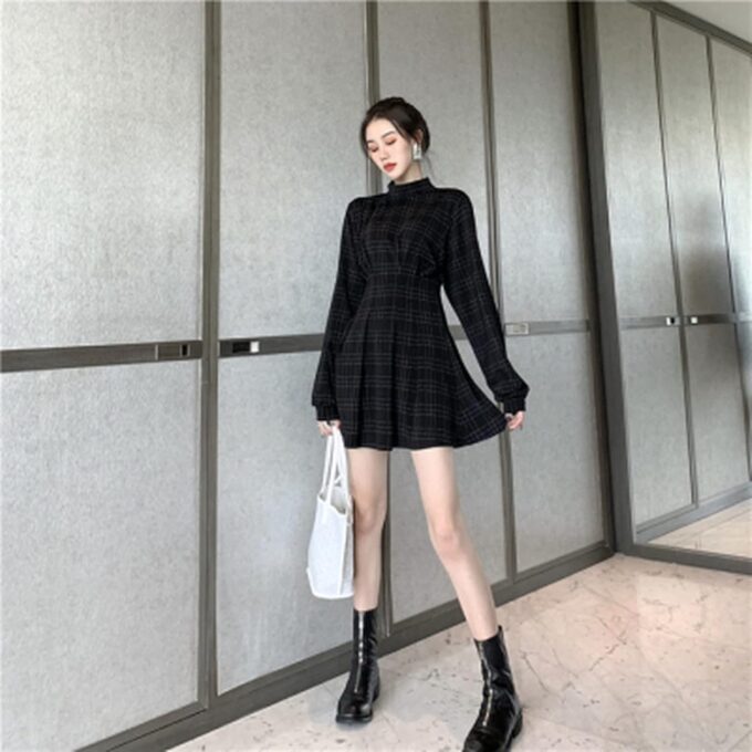 Goth Long Sleeve Dress Gothic Harajuku Vintage Plaid Wrap Balck Mini Dress Retro Pleated Punk Long Sleeve Dark – Bild 2