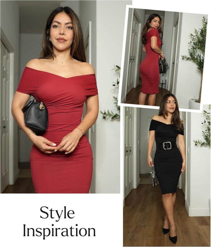Popilush Off Shoulder Midi Dresses for Women Shapewear Tummy Control Wrap V Neck Formal Cocktail Wedding Guest Dress – Bild 2