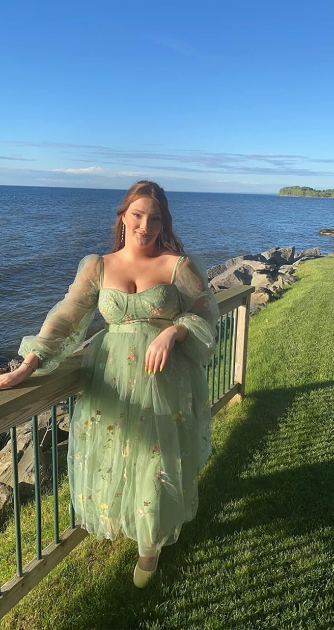 Flower Embroidery Prom Dresses Puffy Sleeve A-line Tulle Evening Party Gowns 2023 Tea Length for Women Formal Long Sleeve Green M – Bild 3