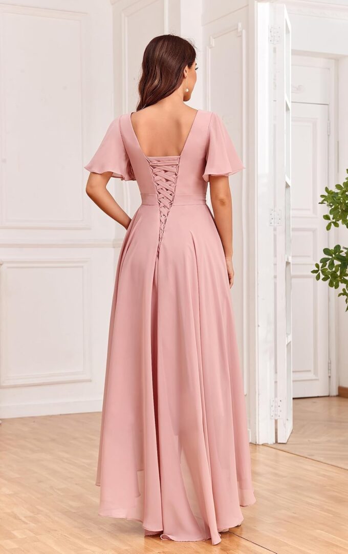 Women's High Low Bridesmaid Dresses for Women Chiffon Pleated V Neck Short Sleeves Formal Gown with Slit – Bild 3