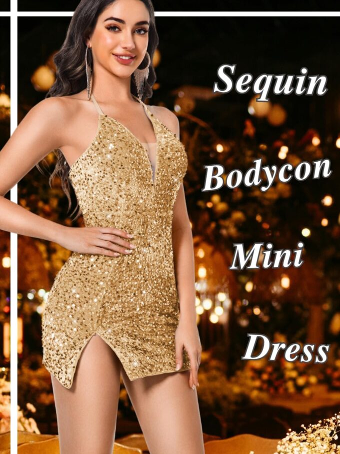 Sexy Sequin Dress for Women,Sparkly Glitter Velvet Mini Prom Dresses,Plunge Backless Club Outfit Cocktail Party – Bild 2