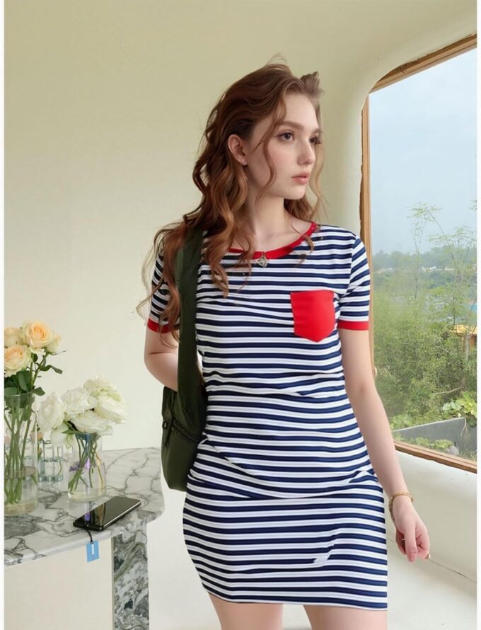 Women's Crew Neck Short Sleeve Striped Bodycon T-Shirt Mini Dress with Pocket – Bild 3