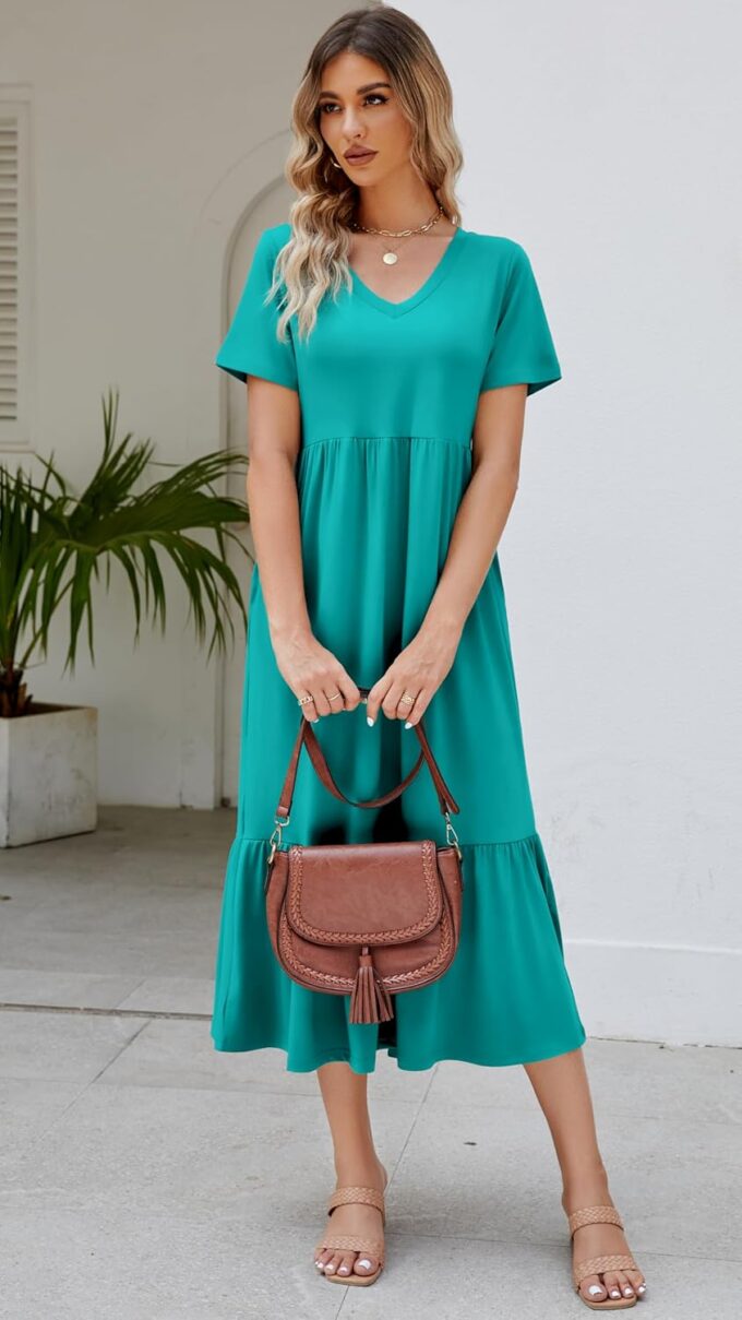 Women's 2025 Summer Short Sleeve V Neck Swing Dress Flowy Tiered Maxi Beach Sundress with Pockets – Bild 2