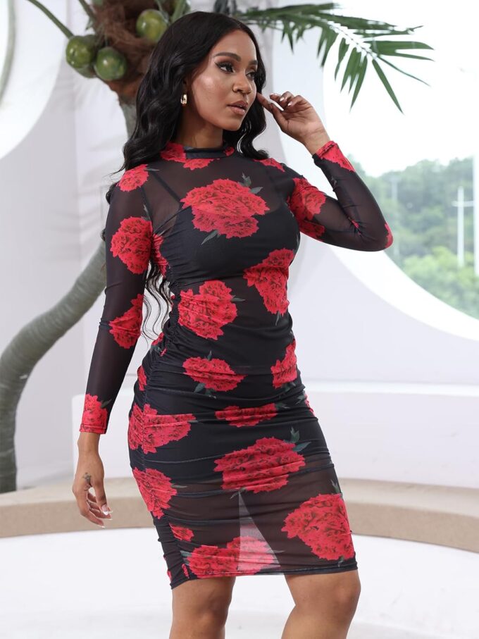 Women Sexy See Through Mesh Long Sleeve Ruched Midi Dresses Crop Top Bodycon Skirt 3 Piece Outfits Set Clubwear – Bild 3