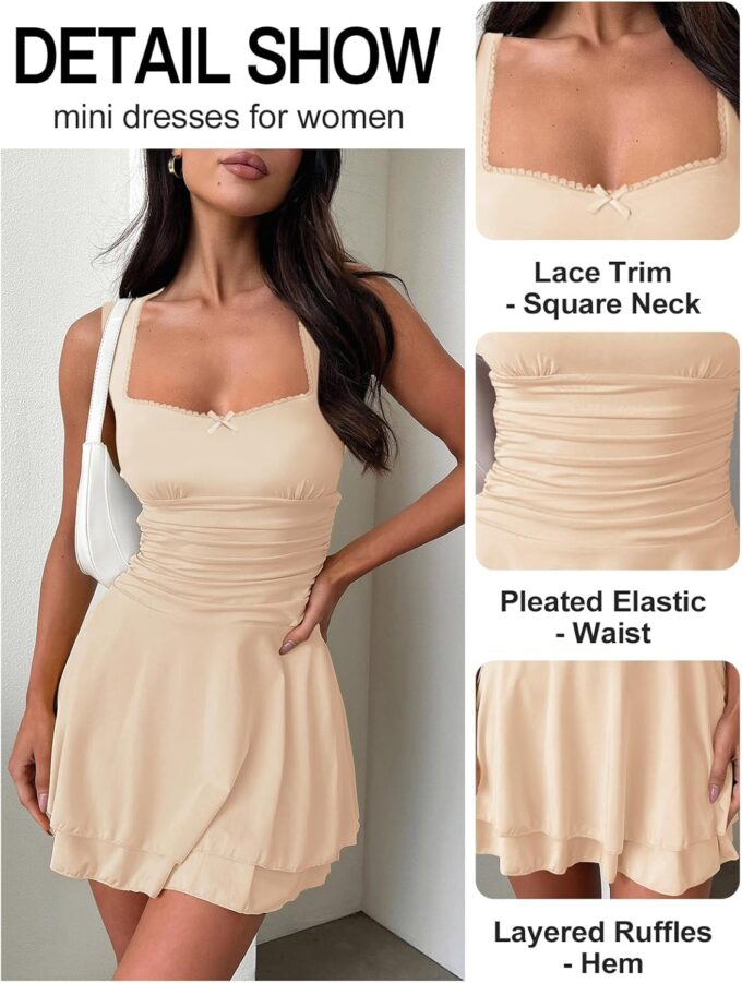 Women's Square Neck Ruffle Mini Dresses Ruched Waist Slim Sleeveless Corset Dress for Women Summer Short Party Dress – Bild 3