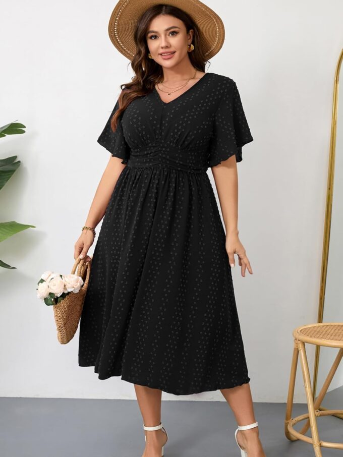RWJ Women's Plus Size Maxi Dress V Neck Short Sleeve Swiss Dot A Line High Waist Flowy Casual Summer Dresses 2025 – Bild 2