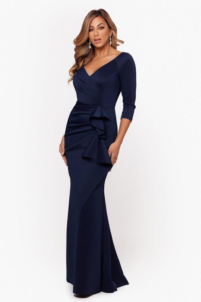 Xscape Women's Long 3/4 Sleeve V-Neck Side Ruched Gown (Reg and Petite) – Bild 3