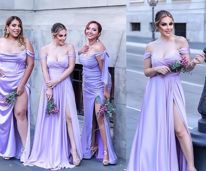 Women's Off The Shoulder Bridesmaid Dresses with Slit Satin Formal Gowns Long Prom Evening Party Dress with Pockets – Bild 2