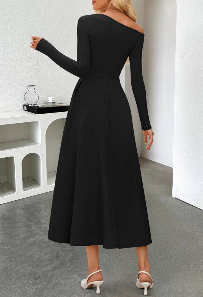 MEROKEETY Women's Fall Long Sleeve Maxi Dresses 2025 Off Shoulder Slim Swing Pleated Formal Dress Pockets – Bild 4