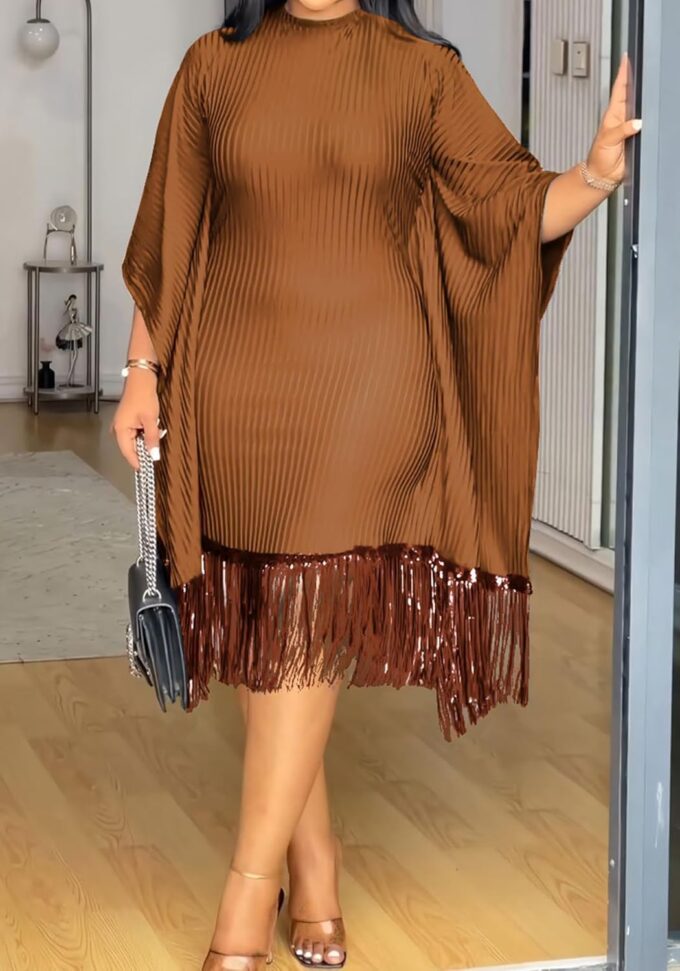 Women's Elegant Midi Dress Sequin Fringe Batwing Sleeve Loose Cocktail Party Dress Pleated Plus Size Dress – Bild 3