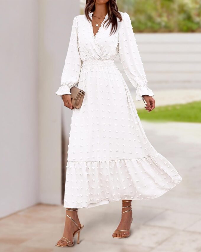 BTFBM Women Fall Maxi Dresses 2025 Long Sleeve V Neck Swiss Dots High Waisted A-Line Ruffle Boho Long Dress Vacation – Bild 8