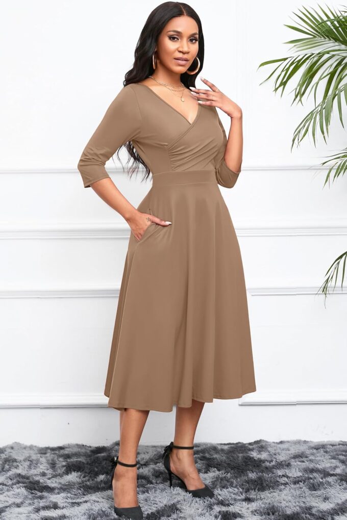 Nmoder Women's Casual Wrap Flared Midi Dress Wedding Guest Cocktail Tea Dresses A-Line Swing V-Neck 3/4 Sleeve – Bild 3