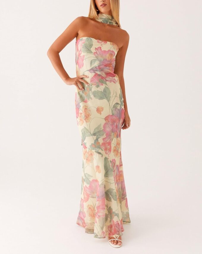 Women Strapless Floral Dress with Sarf Mesh Tube Maxi Dress Summer Cocktail Wedding Guest – Bild 3