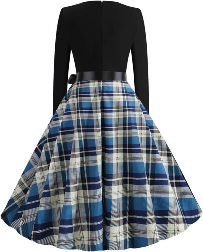 EFOFEI Womens V Neck Hepburn Prom Dress Vintage Plaid Cocktail Party Dress Retro Rockabilly Dress with Belt – Bild 3