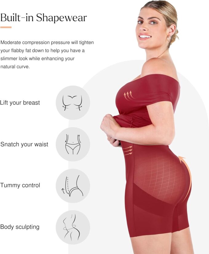 Popilush Off Shoulder Midi Dresses for Women Shapewear Tummy Control Wrap V Neck Formal Cocktail Wedding Guest Dress – Bild 4