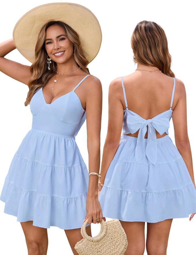 HTZMO Women Casual Summer Floral Mini Sundress V Neck Bow Tie Backless Ruffle Flowy Cute Boho Beach Short Dress