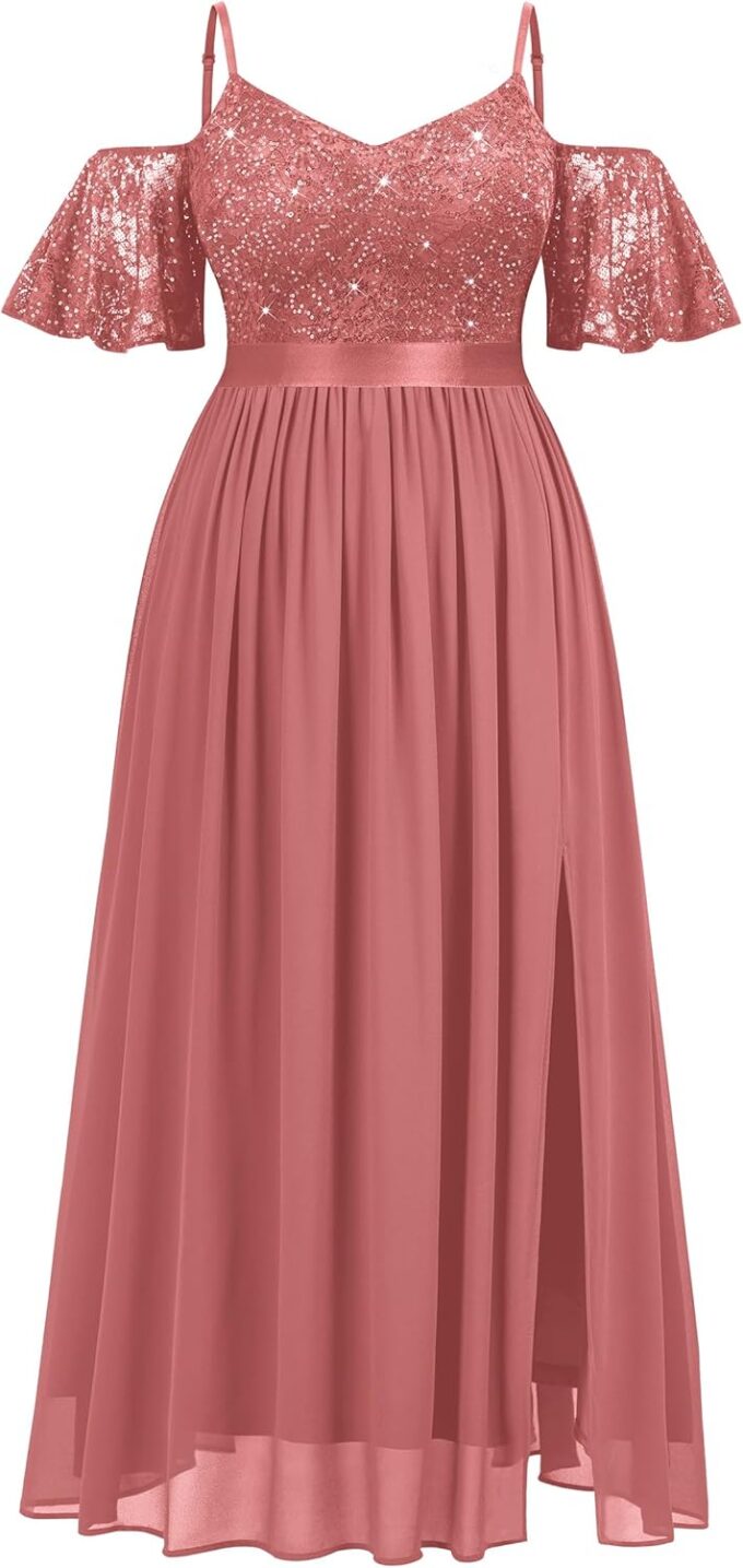 MISSMAY Women's Plus Size Sequins Lace Off Shoulder Short Sleeves Slit Formal Wedding Guest Chiffon Long Dress – Bild 5