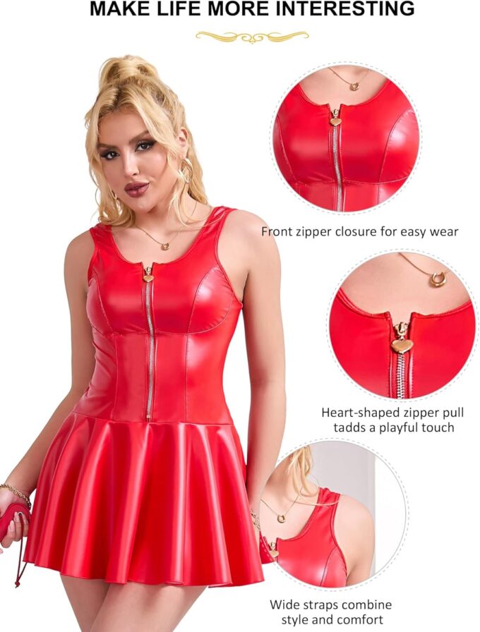 Women's PU Leather Dress Square Neck Ruffle Hem Mini Dress Sexy Tank Straps Party Club Dress with Heart Zipper – Bild 4