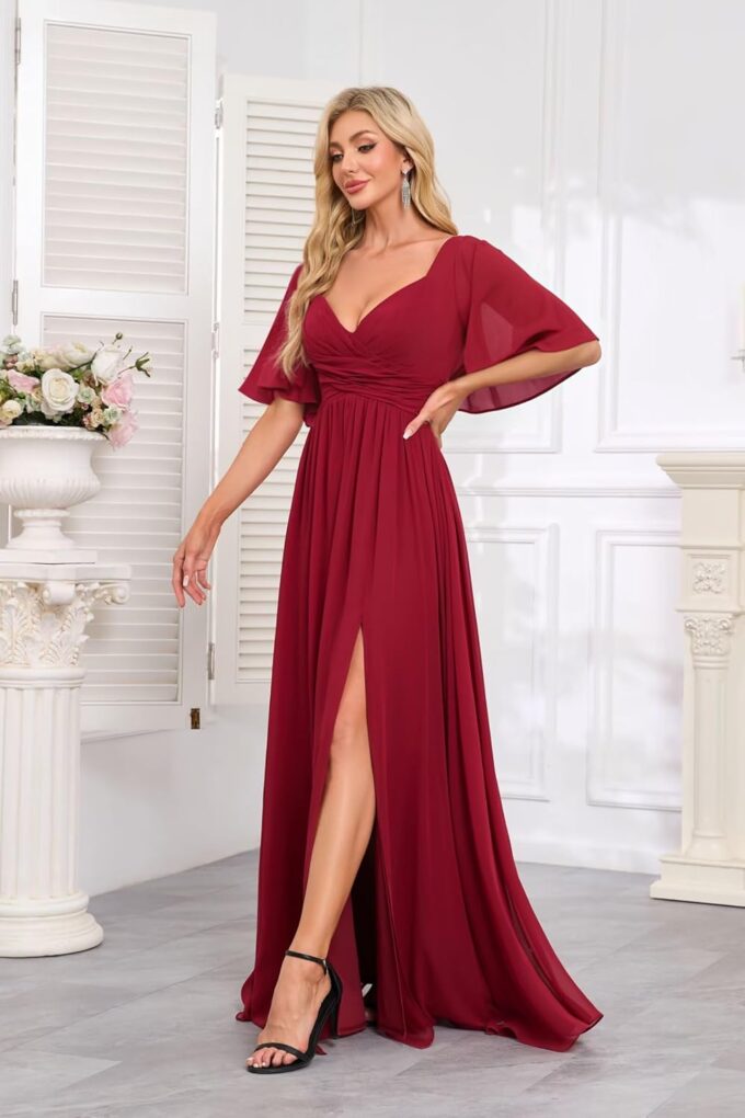Women's Flutter Sleeves Chiffon Bridesmaid Dresses with Slit Long A Line V-Neck Formal Party Dress with Pockets – Bild 3