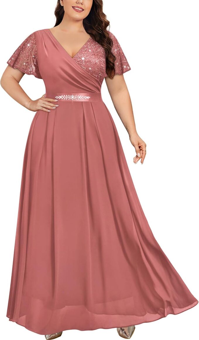 MISSMAY Women's Plus Size Wrap V Neck Sequins Lace Contrast Chiffon Formal Maxi Dress with Rhinestone Ribbon Waist