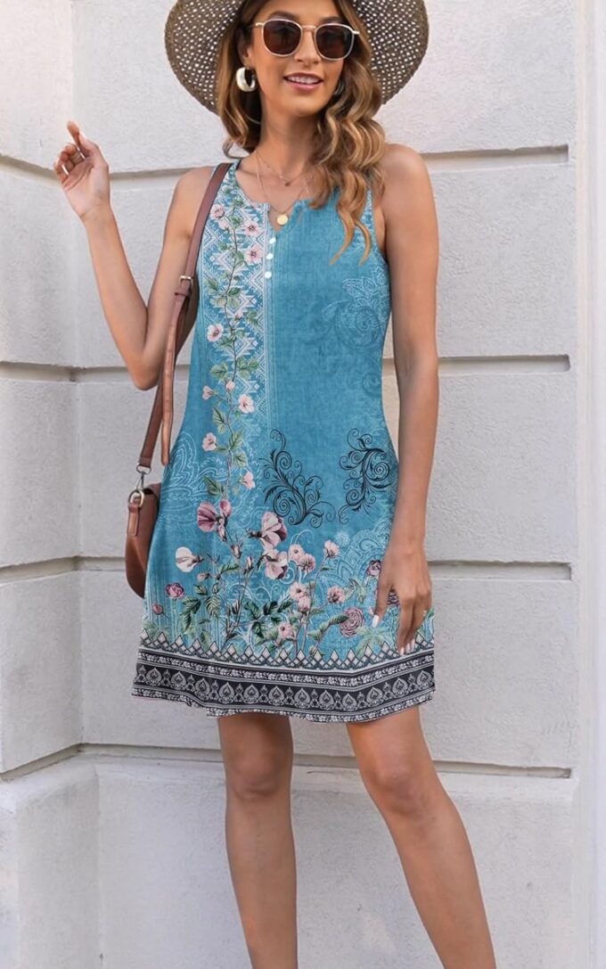Disamer Womens Summer Dress 2025 Casual Button Down V Neck Sleeveless Boho Floral Beach Sundresses Vacation A-Line Dresses – Bild 2