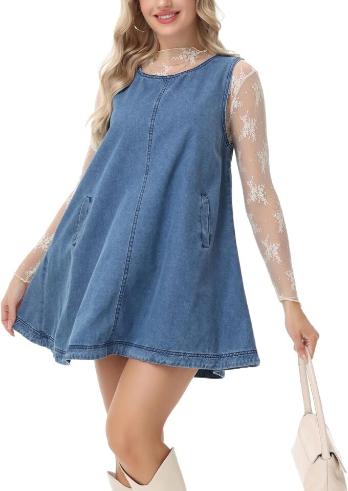 Women's Sleeveless Casual Denim Dress Crewneck Vintage Babydoll Jean Mini Dresses with Pockets – Bild 5