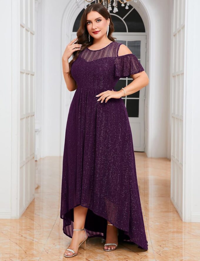 ZOMVA Plus Size Sparkly Mesh Maxi Dress Cold Shoulder Ruffle Sleeve High Low A Line Gown Wedding Guest Cocktail Party – Bild 5